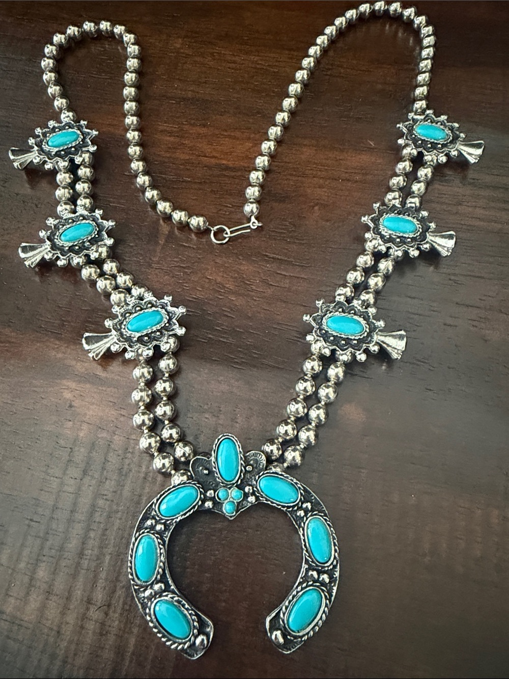Turquoise colored Stone Squash Blossom Necklace - Silver Tone Women Jewelry - Picture 3 of 3